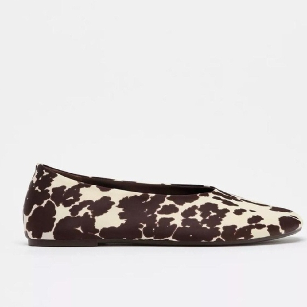 NWT Zara Satin Cow Animal Print Fabric Ballet Flats in Beige/Brown 7.5,  8 - Picture 3 of 7